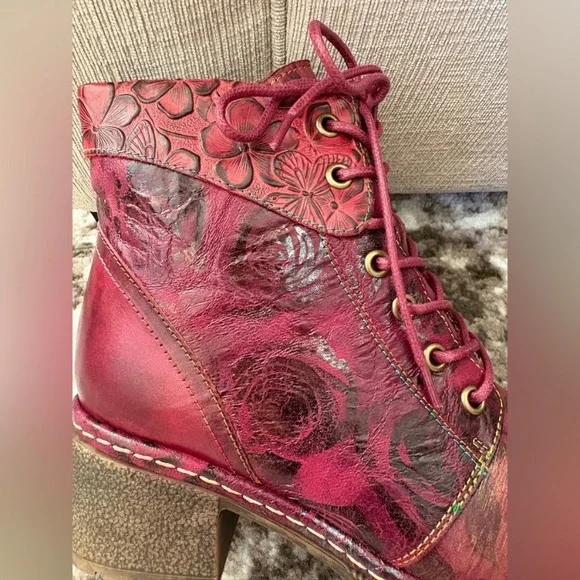 $178 L'Artiste by Spring Step Leather Lace-Up Boots NEW fallinluv Bordeaux 38/8 - Picture 5 of 8